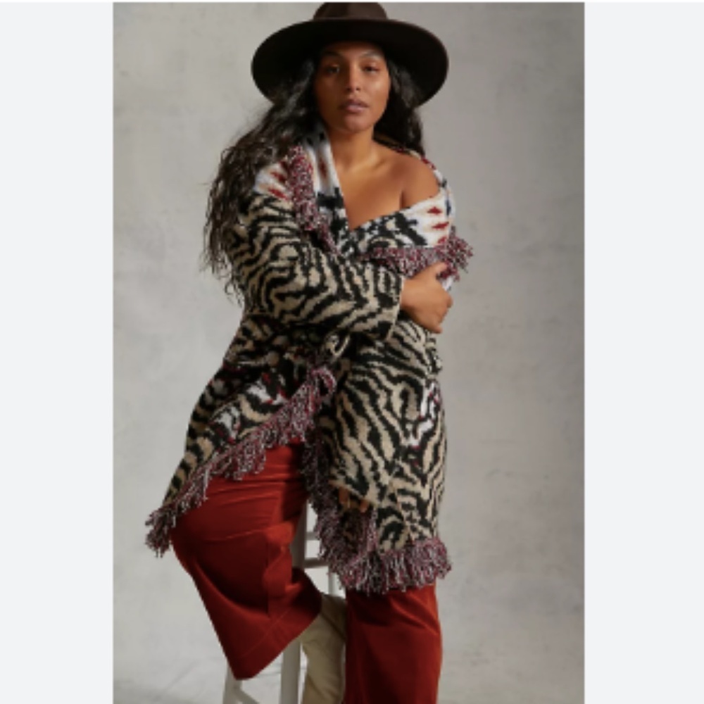 Anthropologie Paloma Fringed Cardigan Animal Print Fringe XL